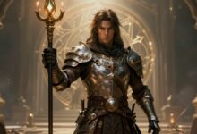 Um cavaleiro sombrio em armadura brilhante em frente a um portal brilhante, simbolizando o ciclo de morte e renascimento em jogos com morte permanente.