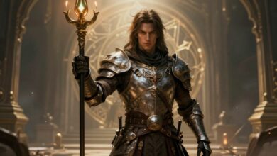 Um cavaleiro sombrio em armadura brilhante em frente a um portal brilhante, simbolizando o ciclo de morte e renascimento em jogos com morte permanente.