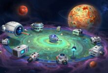 Uma frota de naves espaciais futuristas viajando por uma nebulosa colorida, com um planeta gigante ao fundo, representando a exploração no jogo Stellaris.