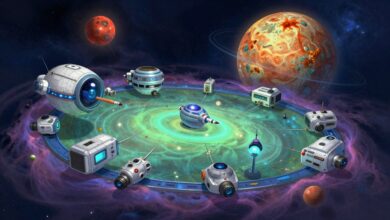 Uma frota de naves espaciais futuristas viajando por uma nebulosa colorida, com um planeta gigante ao fundo, representando a exploração no jogo Stellaris.