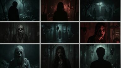 Uma colagem de cenas assustadoras de vários jogos indie de terror, com um clima sombrio e misterioso, destacando personagens e ambientes icônicos.