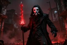 Um Aparição com um sobretudo esfarrapado e uma máscara de gás estilizada, empunhando uma espada de energia vermelha brilhante, em meio a uma cidade gótica em ruínas sob um céu carmesim.