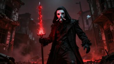 Um Aparição com um sobretudo esfarrapado e uma máscara de gás estilizada, empunhando uma espada de energia vermelha brilhante, em meio a uma cidade gótica em ruínas sob um céu carmesim.