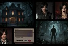 Uma colagem sombria de elementos icônicos de jogos de horror clássico, como a mansão de Resident Evil e a névoa de Silent Hill, com uma estética retrô de 32 bits.