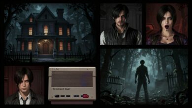 Uma colagem sombria de elementos icônicos de jogos de horror clássico, como a mansão de Resident Evil e a névoa de Silent Hill, com uma estética retrô de 32 bits.
