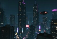 Uma visão panorâmica e noturna da futurista Night City de Cyberpunk 2077, com seus arranha-céus de neon e carros voadores, capturando a essência da aventura urbana.