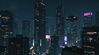 Uma visão panorâmica e noturna da futurista Night City de Cyberpunk 2077, com seus arranha-céus de neon e carros voadores, capturando a essência da aventura urbana.