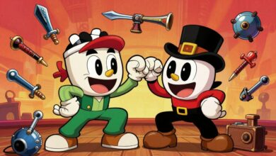 Cuphead e Mugman em uma pose de batalha, cercados por várias das armas disponíveis no jogo, com um fundo vibrante no estilo de animação dos anos 1930.