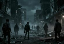 Cenário urbano destruído com personagens armados explorando em meio a escombros, atmosfera sombria e cheia de detalhes distópicos