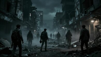 Cenário urbano destruído com personagens armados explorando em meio a escombros, atmosfera sombria e cheia de detalhes distópicos