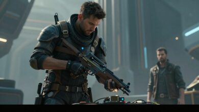 Um Guardião de Destiny 2 em frente à Torre, inspecionando seu equipamento exótico com o Viajante ao fundo, simbolizando o progresso e a evolução.