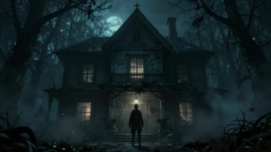 Arte sinistra de fantasmas assustadores em uma mansão sombria, com atmosfera sobrenatural e tom de aventura gamer