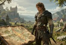 Um aventureiro Maculado em Elden Ring olhando para um mapa brilhante e antigo, com as Terras Intermédias se estendendo ao fundo.