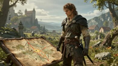 Um aventureiro Maculado em Elden Ring olhando para um mapa brilhante e antigo, com as Terras Intermédias se estendendo ao fundo.