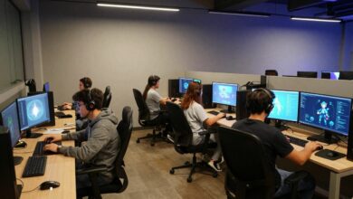 Uma equipe de avatares de gamers colaborando em um ambiente de coworking virtual futurista, com elementos de jogos e telas holográficas.