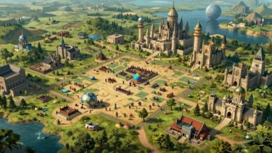 Uma colagem épica mostrando cenas de vários jogos de estratégia e gerenciamento de império, como um mapa-múndi antigo, uma cidade futurista em outro planeta e um castelo medieval.