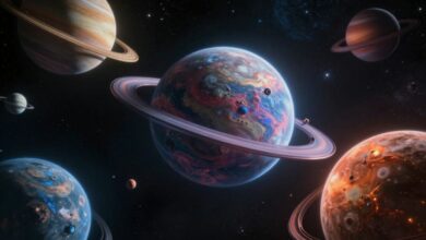 Uma nave espacial futurista viajando em alta velocidade através de uma nebulosa colorida, com planetas e estrelas distantes ao fundo, evocando uma sensação de aventura e descoberta.